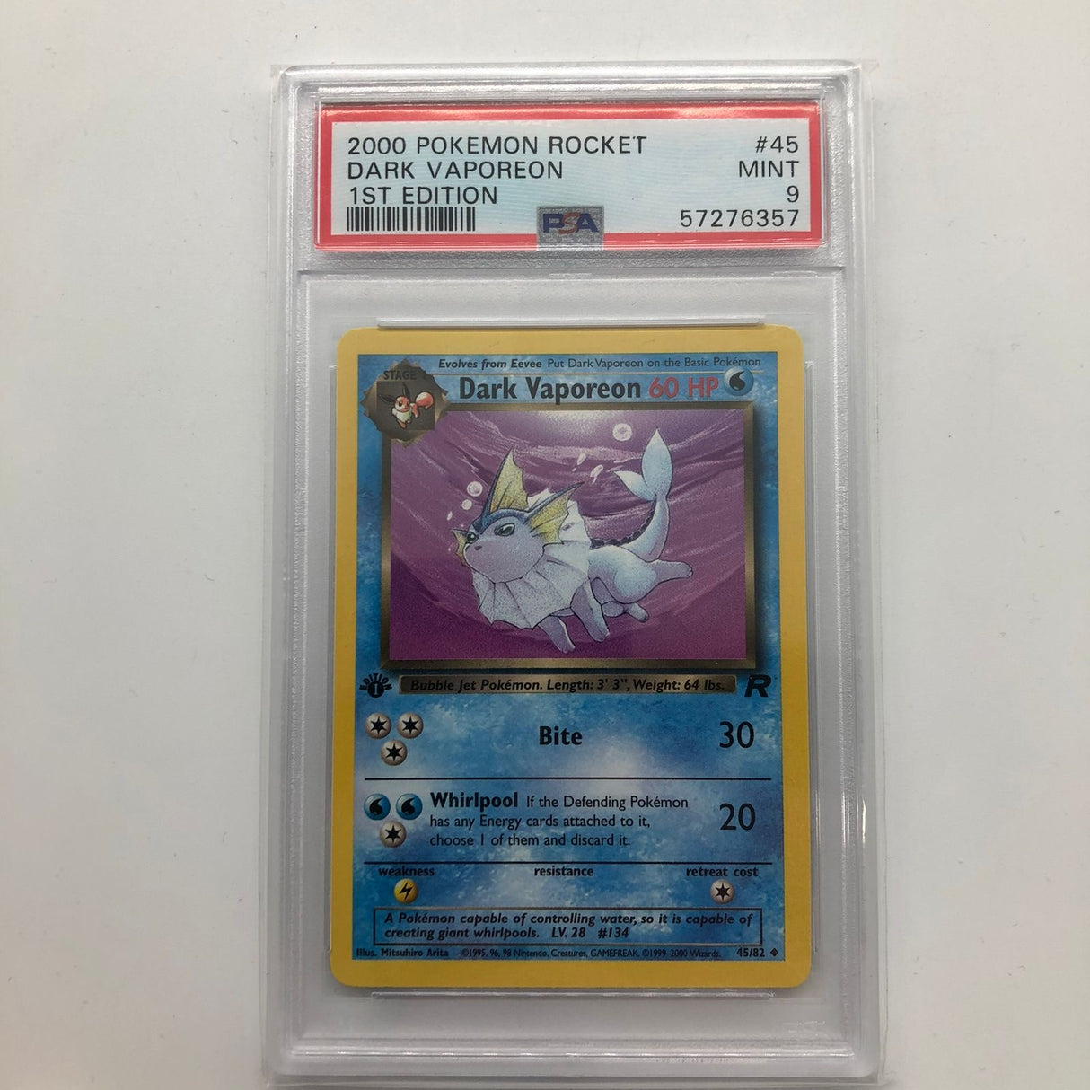 Dark Vaporeon Pokemon Card 45/82 Holo Team Rocket Graded PSA 9