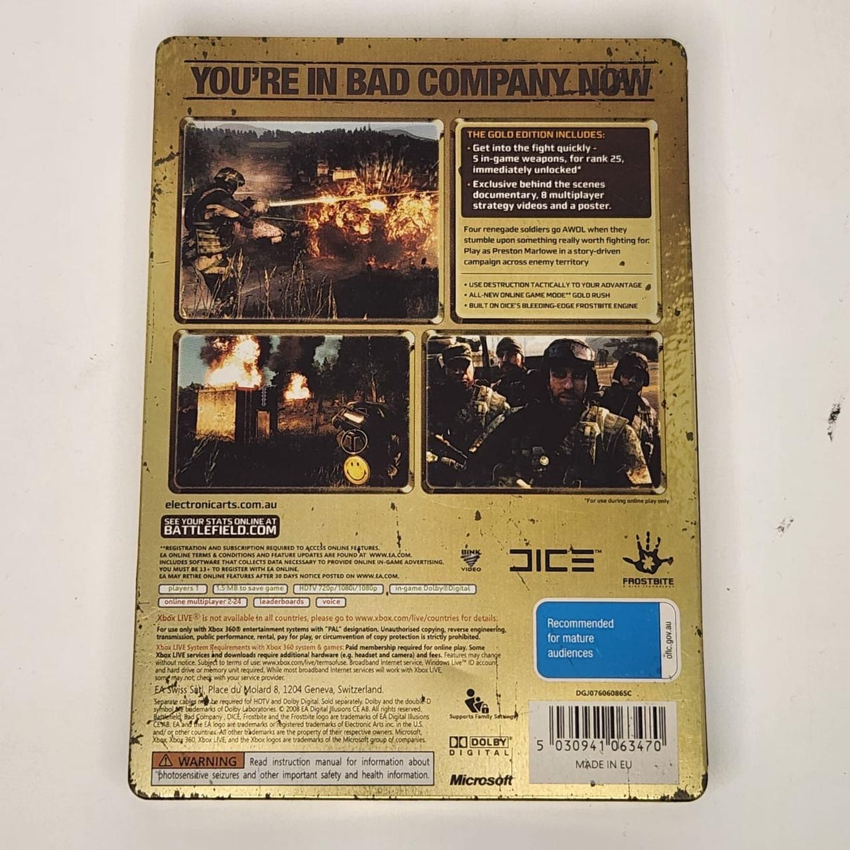 Battlefield Bad Company: Gold Edition Steelbook Xbox 360 Game + Manual