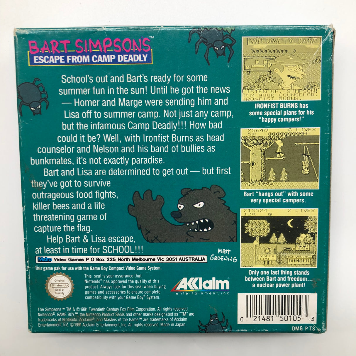 Bart Simpson's Escape from Camp Deadly Nintendo Gameboy Original Game Boxed Complete