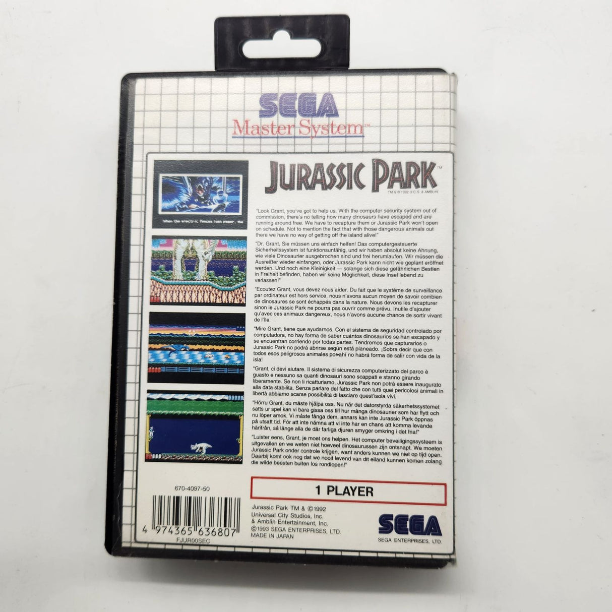 Jurassic Park Sega Master System Game PAL