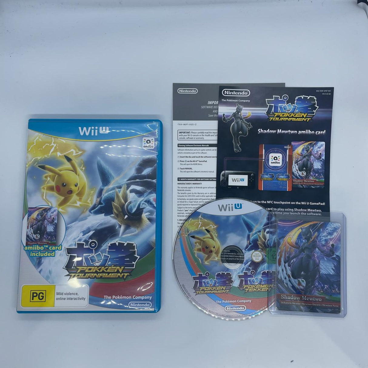 Pokken Tournament Nintendo Wii U Game + Manual , With Shadow MewTwo Amiibo Card PAL