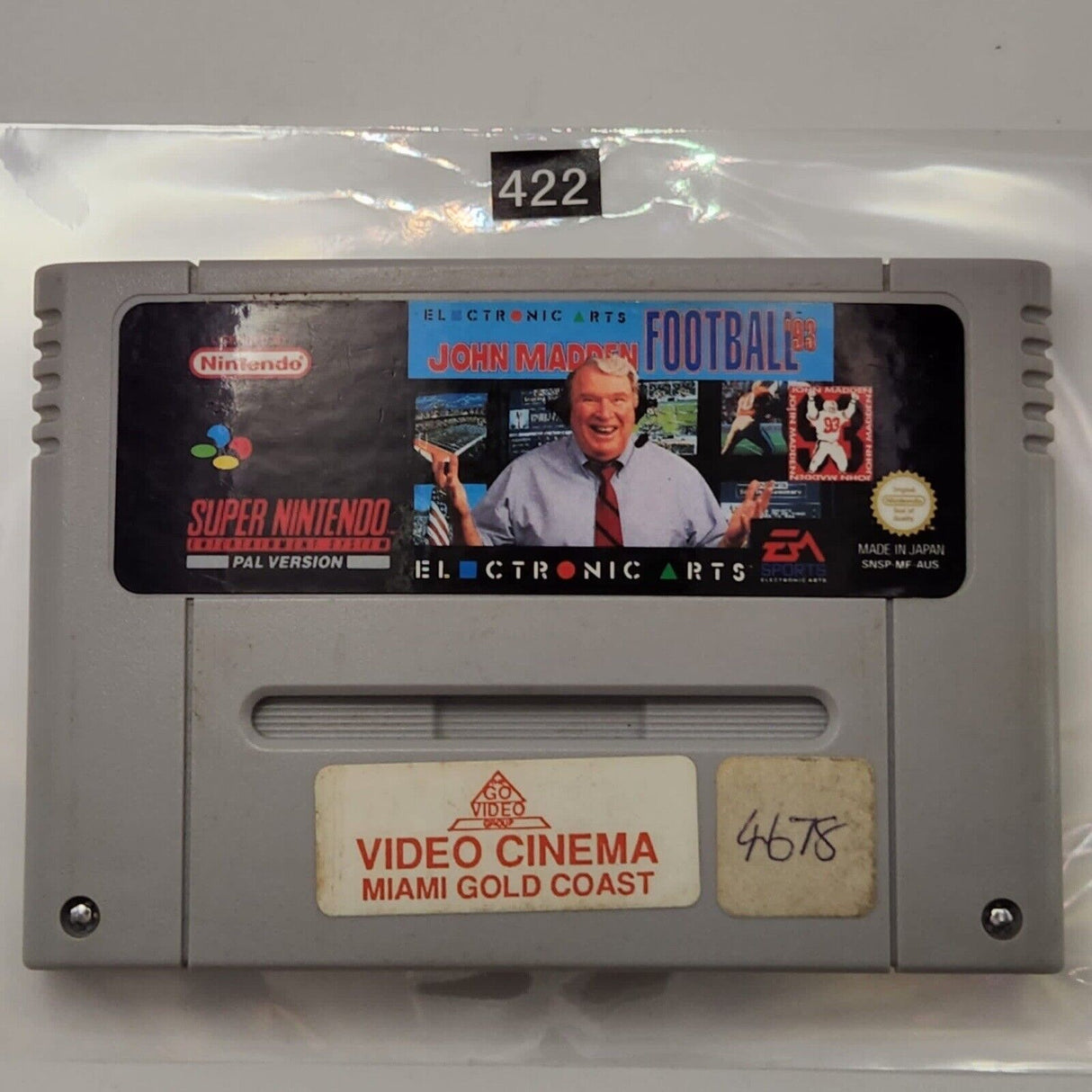 John Madden Football '93 Super Nintendo SNES Game Cartridge PAL