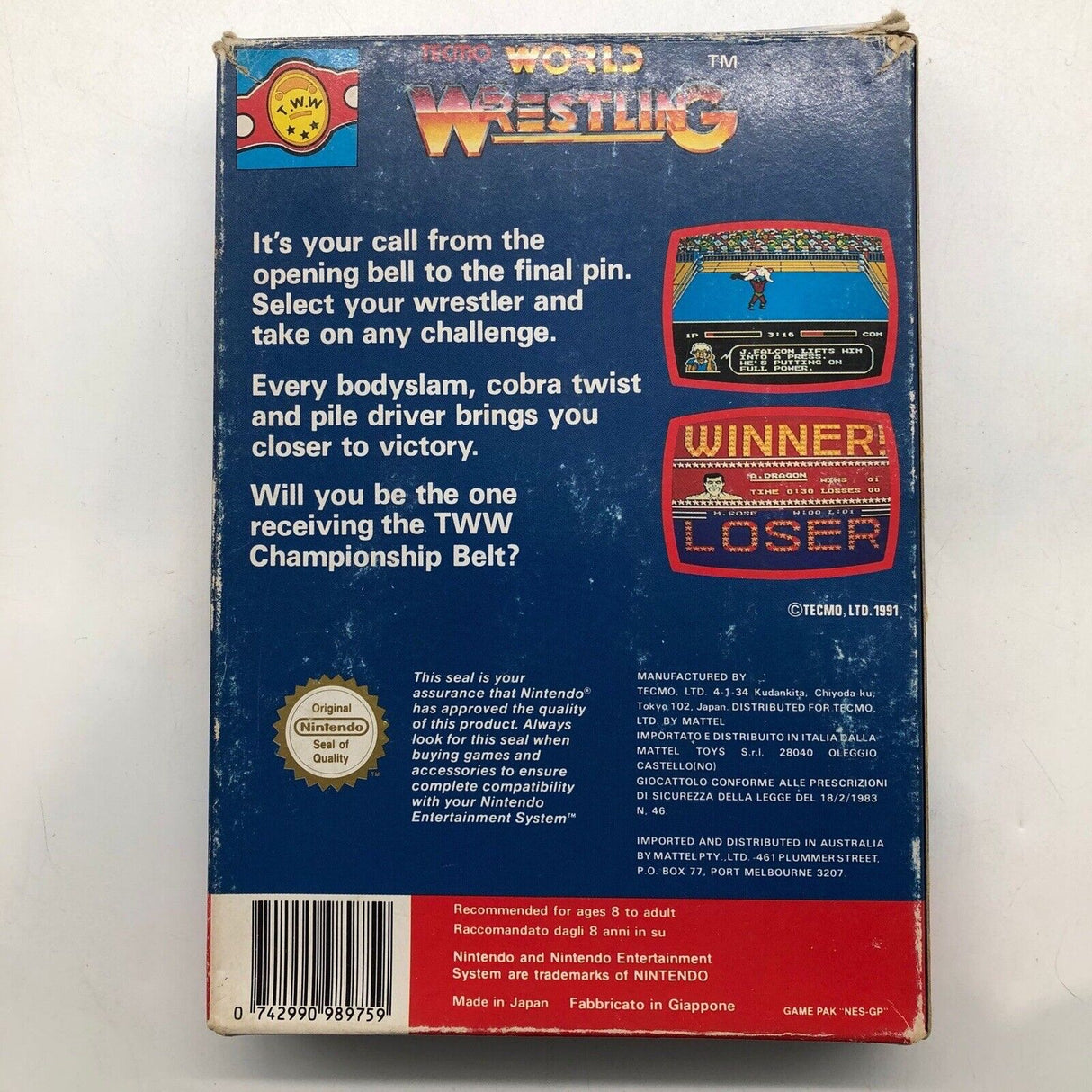 Tecmo World Wrestling Nintendo NES Game Boxed